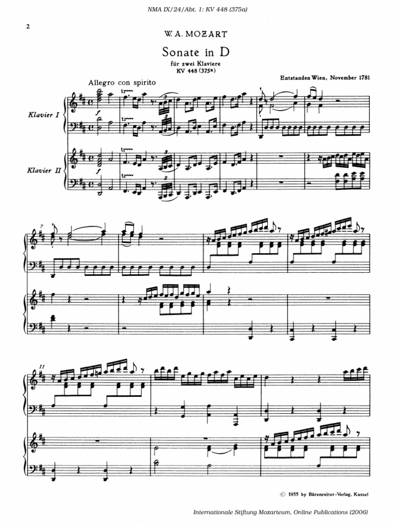 Mozart's Sonata in D Major for 2 Pianos K.488 Sheet Music (Tamaki's Song from OHSHC)