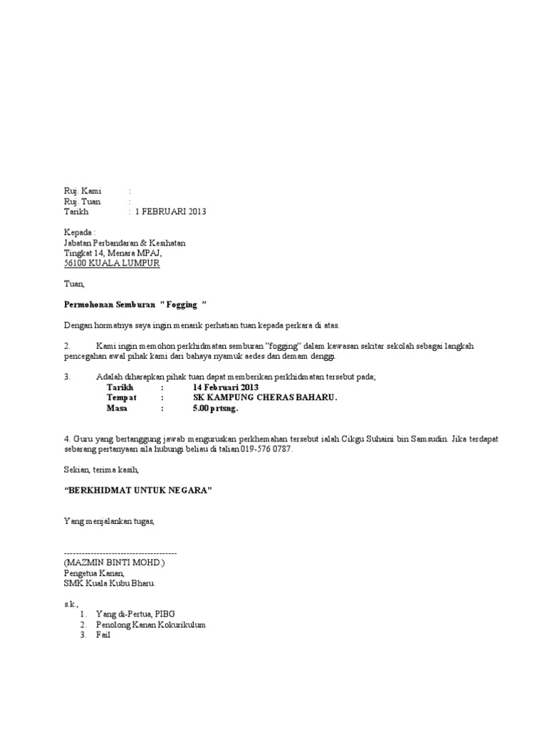 Contoh Surat Makluman Jabatan Kesihatan