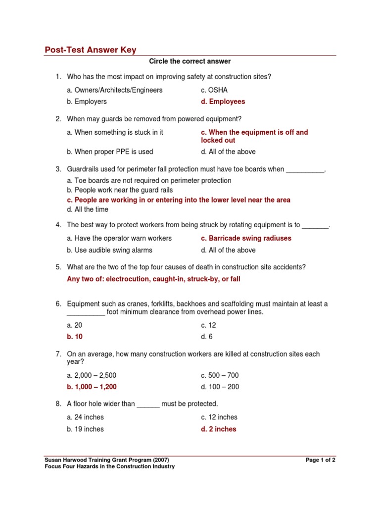 Post Test Answer Key Safety Technology
