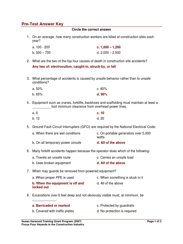 Pre Test Answer Key Occupational Safety And Health Administration
