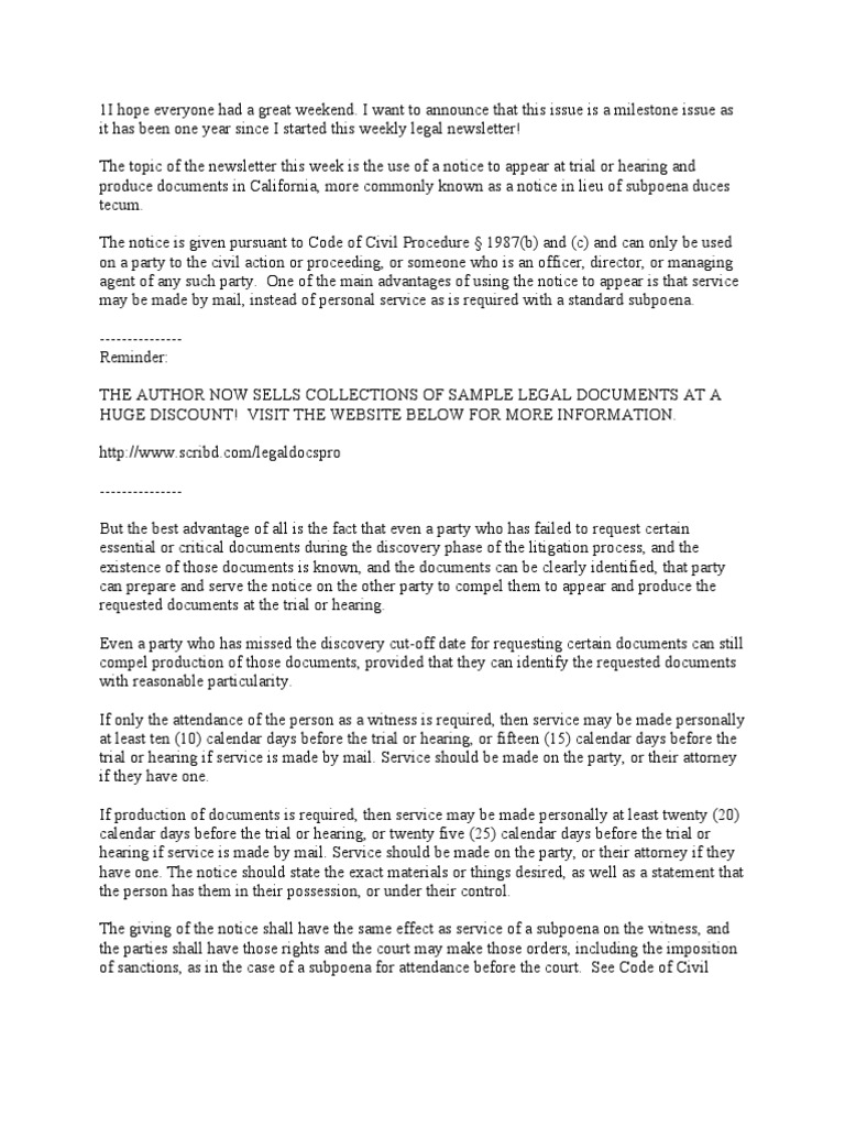 Notice in Lieu of Subpoena Duces Tecum for California Subpoena Duces