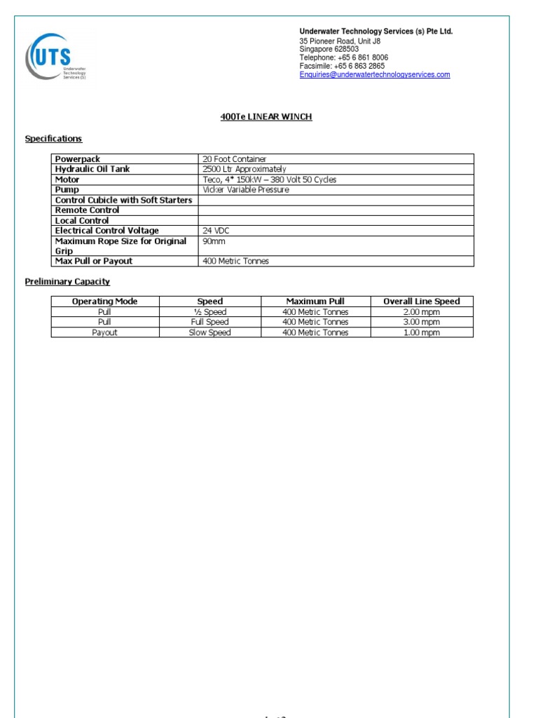 400Te Linear Winch Specifications | PDF | Technology & Engineering