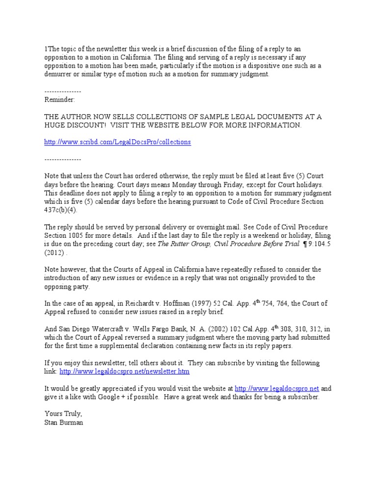 Reply to an Opposition to Motion in California Summary Judgment