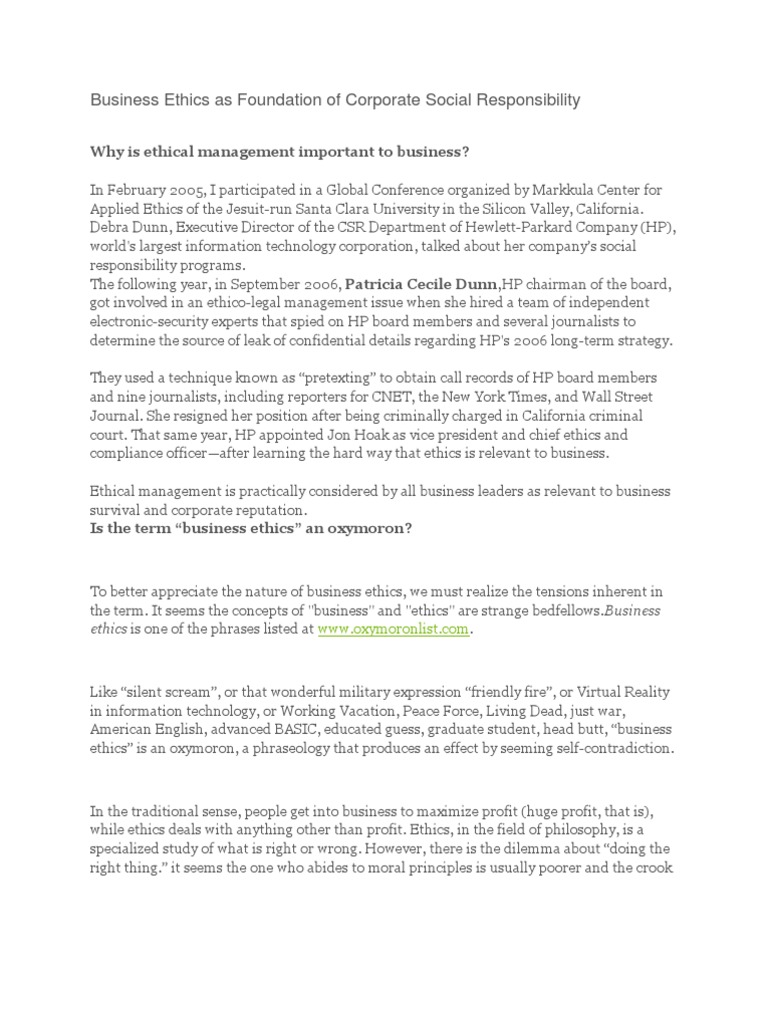 Business Ethics As Foundation of Corporate Social Responsibility | PDF ...