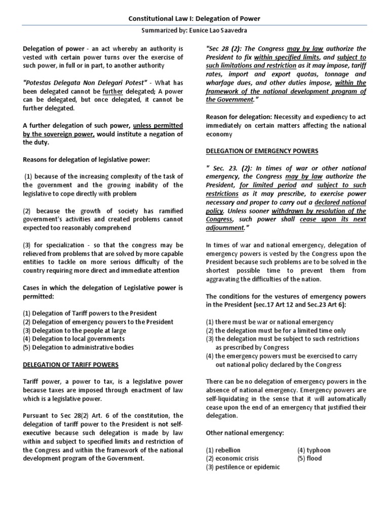 Constitutional Law I Delegation of Power PDF
