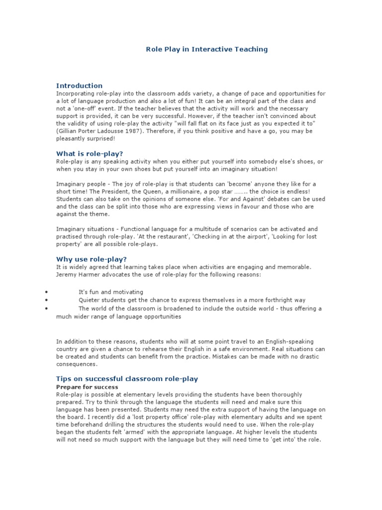 Role-Play for Engaging ESL Classes | PDF | Classroom | Behavior ...