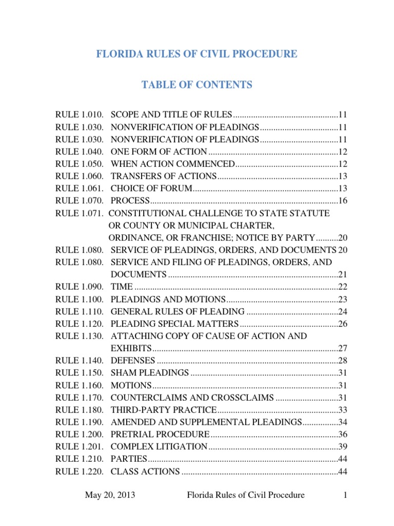 Florida rules of civil procedure service of process discovery law 