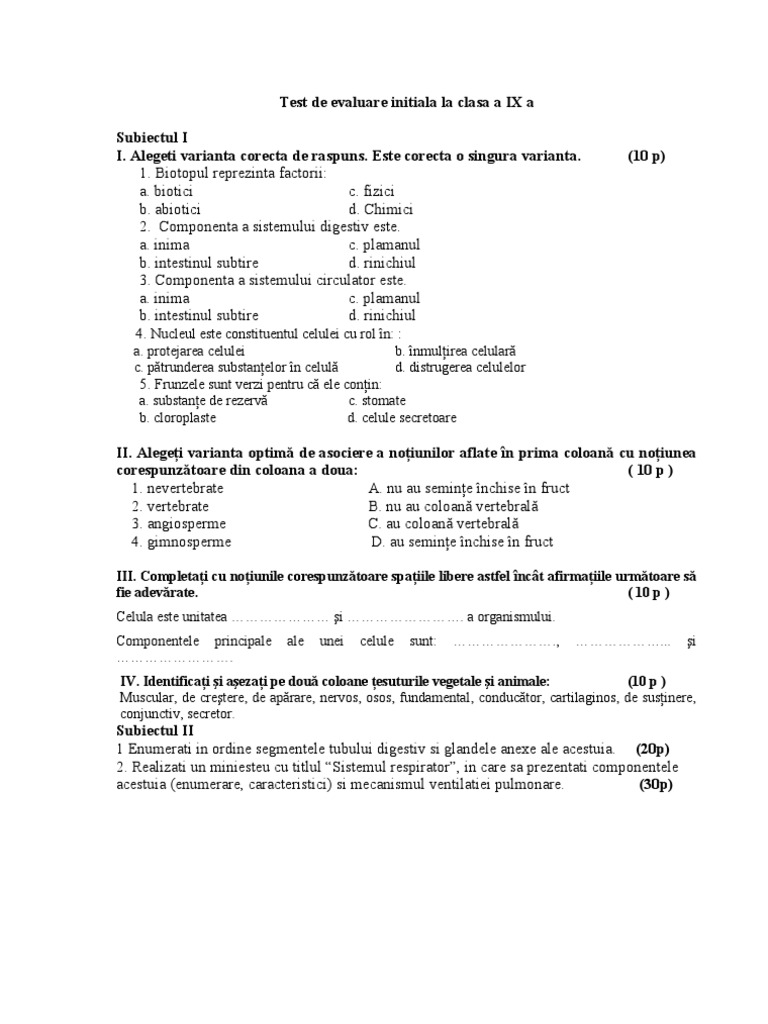 Test de Evaluare Initiala La Clasa A Ix A | PDF