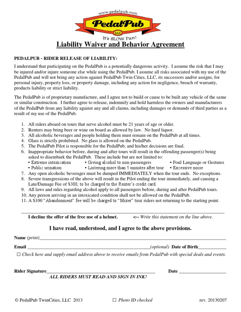 Pedal Pub Release of Liability Waiver PDF Product Liability Indemnity
