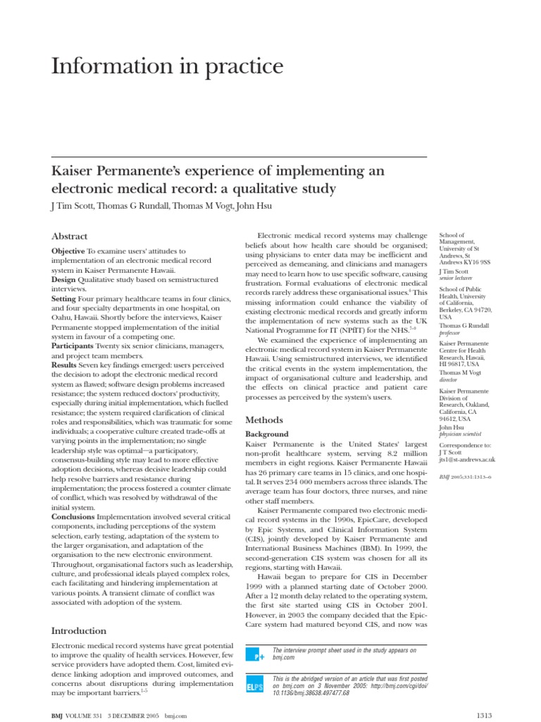 Information in Practice Kaiser Permanente's Experience of Implementing