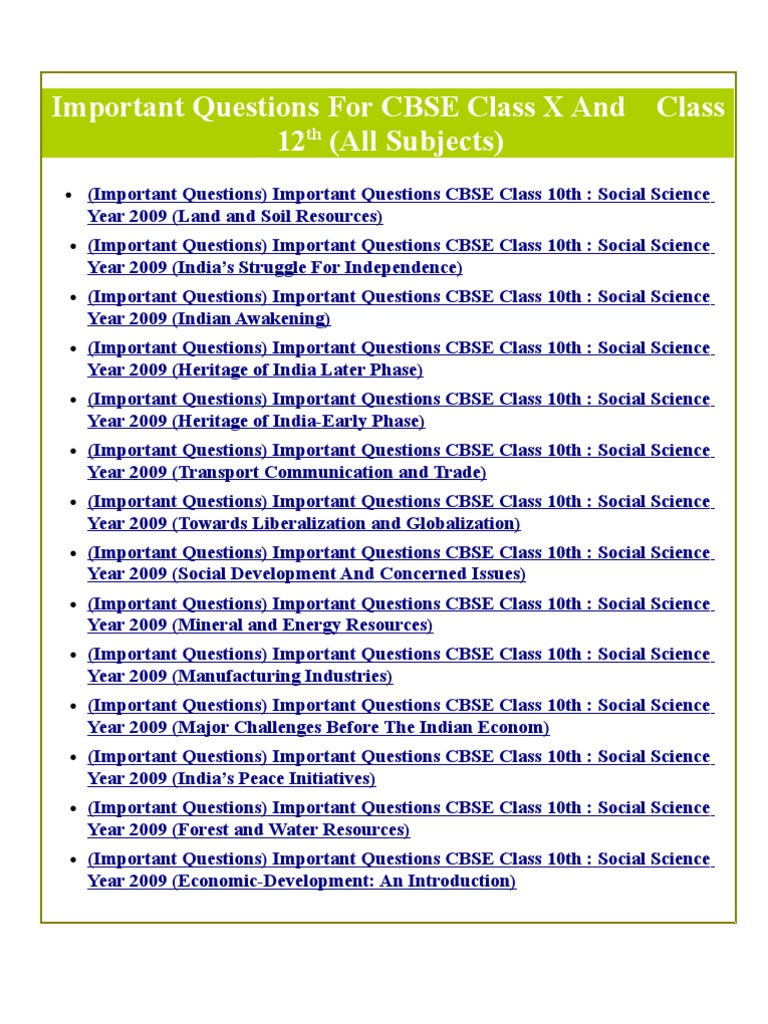 Important Questions For CBSE Class X and Class 12th (All Subjects ...