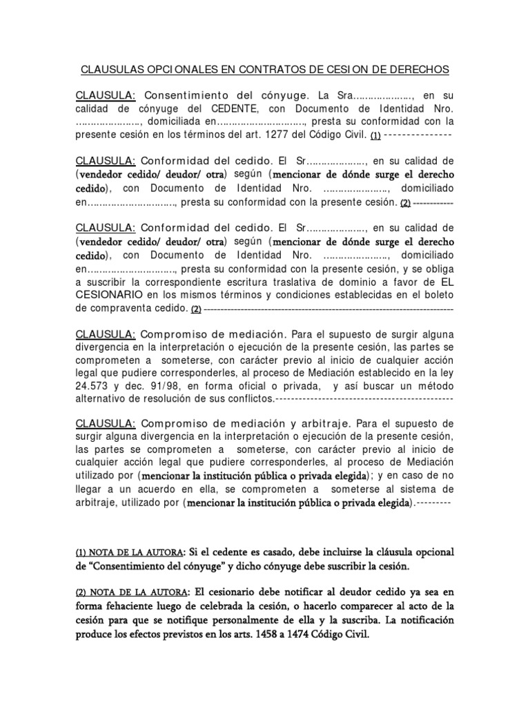 Clausulas Opcionales en Contratos de Cesion de Derechos 70
