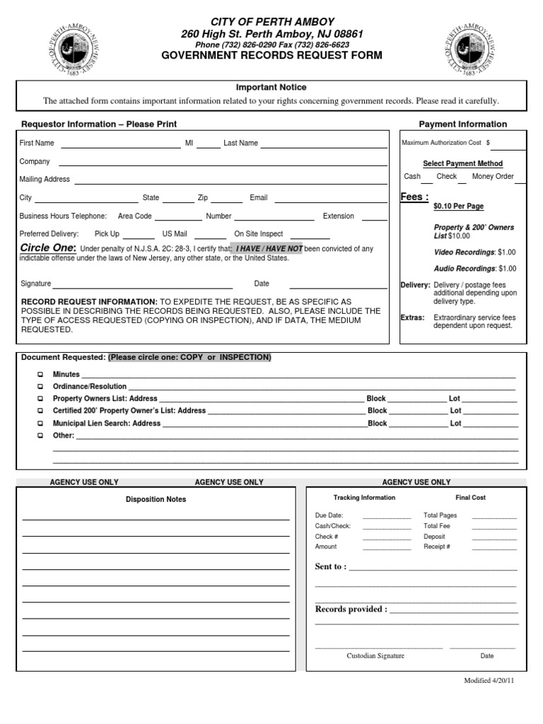 Perth Amboy OPRA Form PDF Cheque Mail