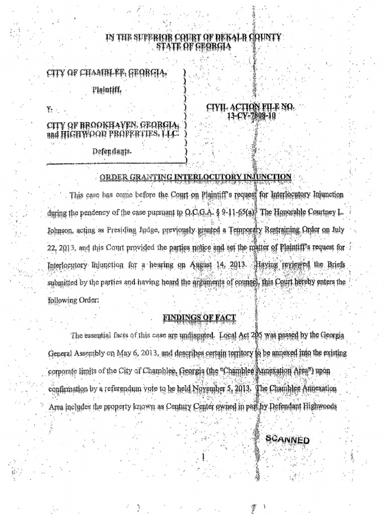 13CV7808 Judges Order granting Chamblee Interlocutory Injunction