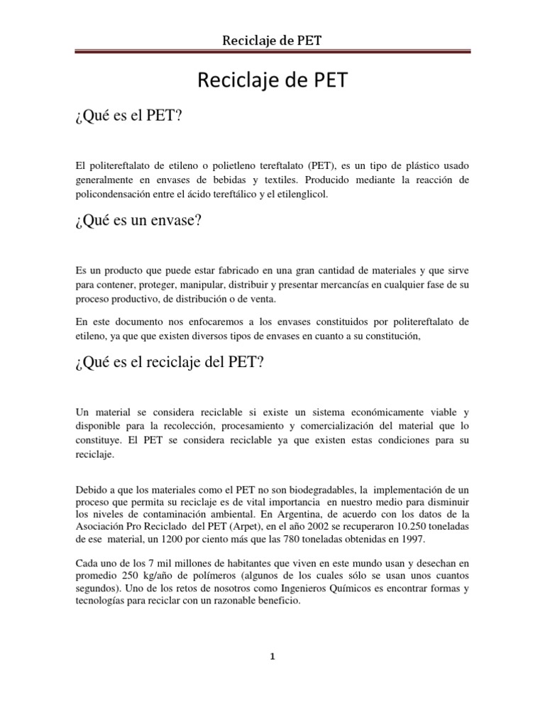 Importancia y Proceso del Reciclaje de PET | PDF | Reciclaje | El plastico
