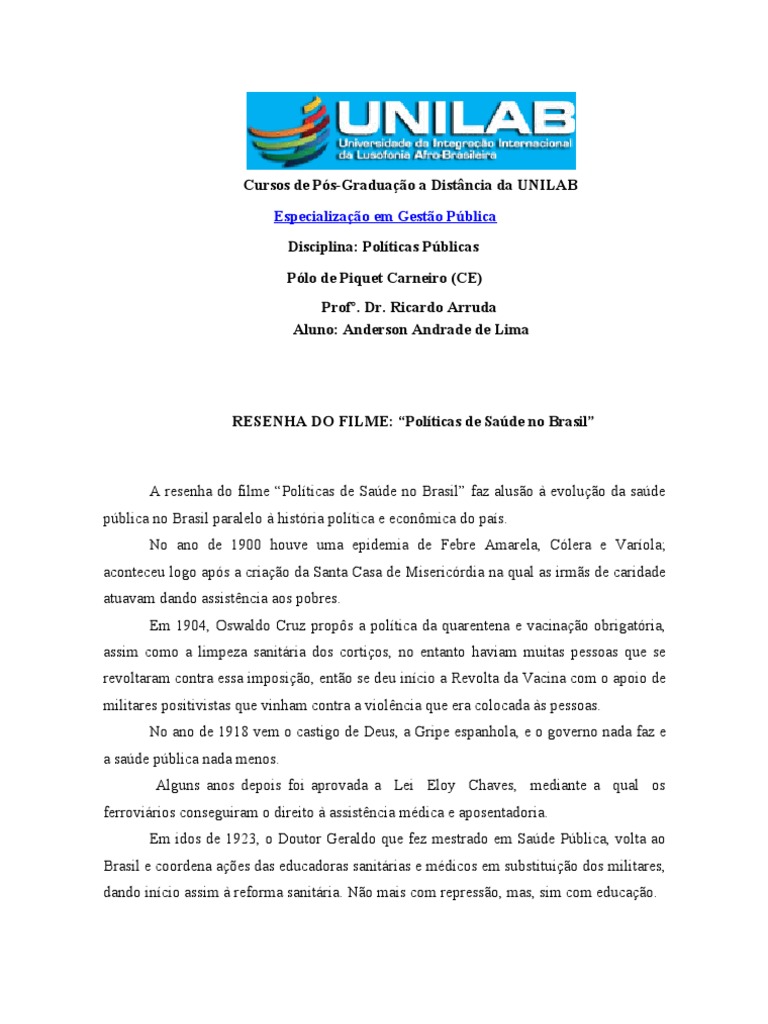 Resumo Pequeno Do Filme Políticas De Saúde No Brasil