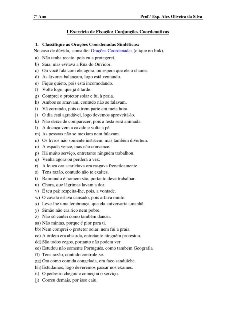 Exercícios de Conjunções 7º Ano com Gabarito | PDF | Natureza