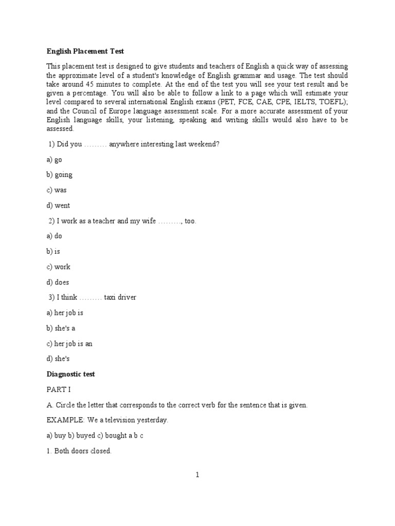 English Placement Test Test Assessment English Language