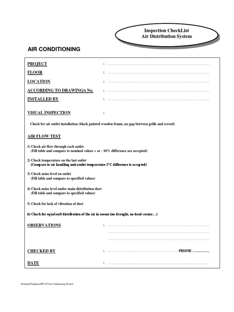 Air Conditioning Inspection Checklist | PDF | Technology & Engineering