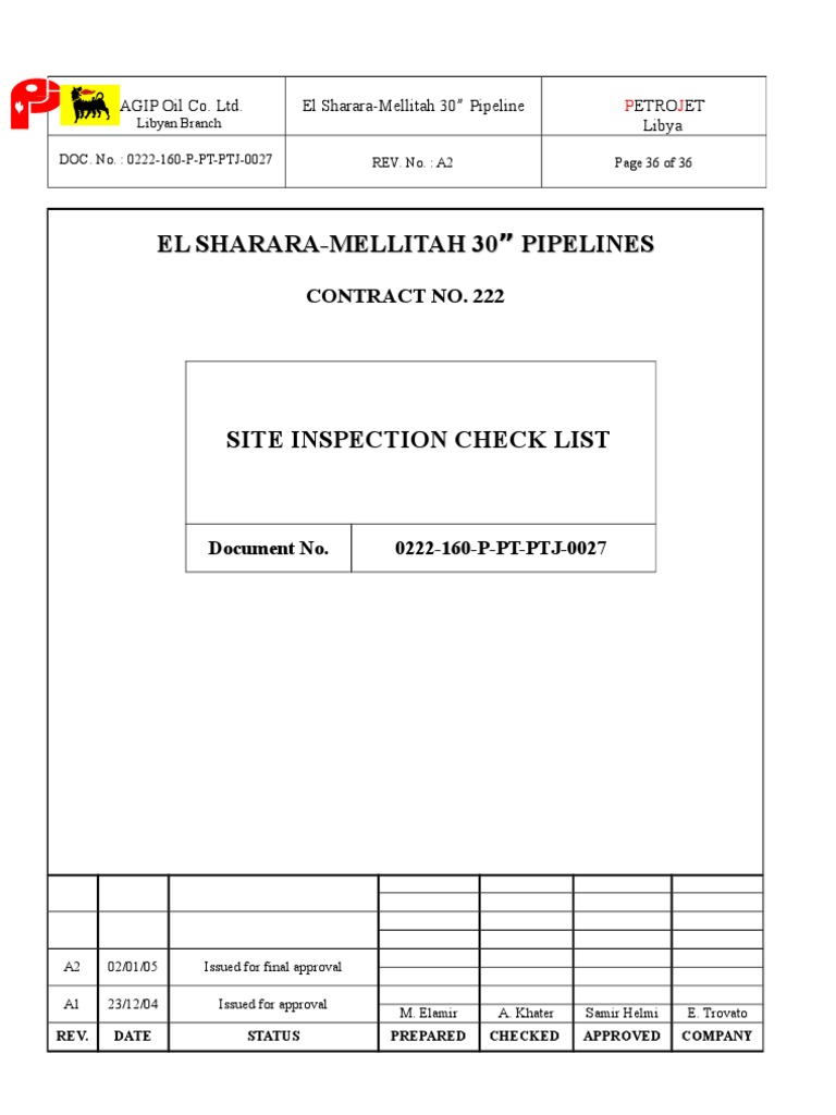 El Sharara-Mellitah Pipeline Inspection Checklist | PDF | Pipe (Fluid ...