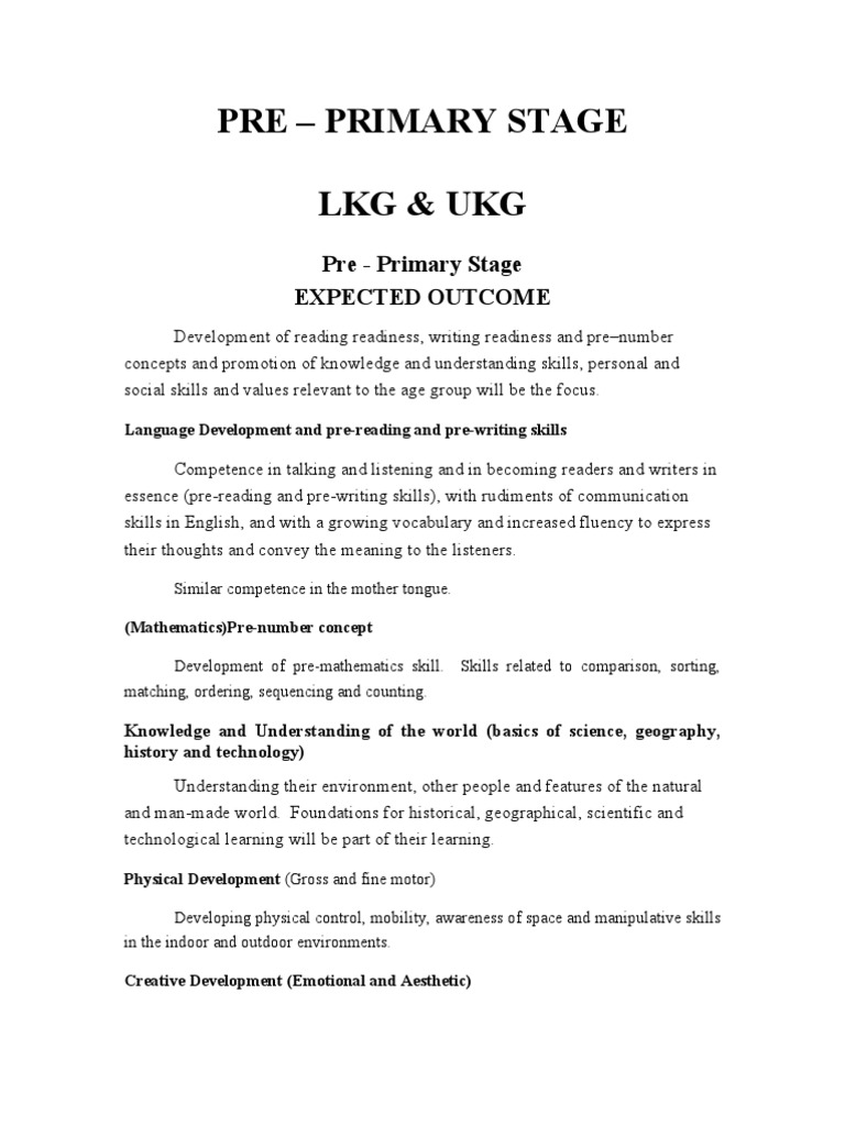 Pre - Primary Stage LKG & Ukg | PDF | Kindergarten | Developmental ...