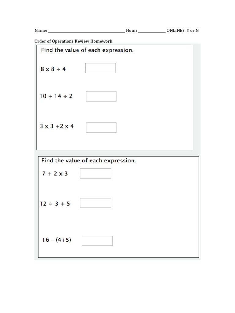Order of Operations Homework Review | PDF