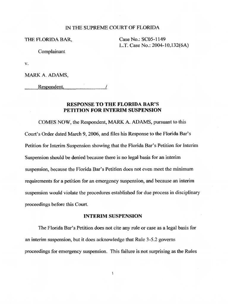 Petition For Interim Suspension Response Lawyer Bar Association