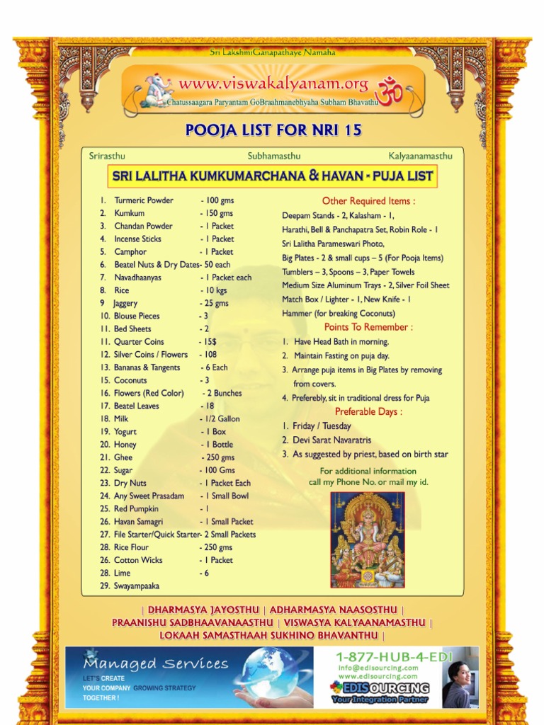 Lalitha Kumkumarchana and Homam Puja List For Nri | PDF | Language Arts ...