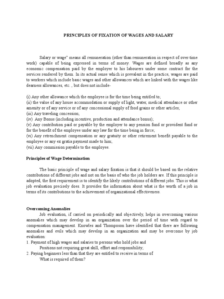 Principles of Fixation of Wages and Salary PDF Employment Wage