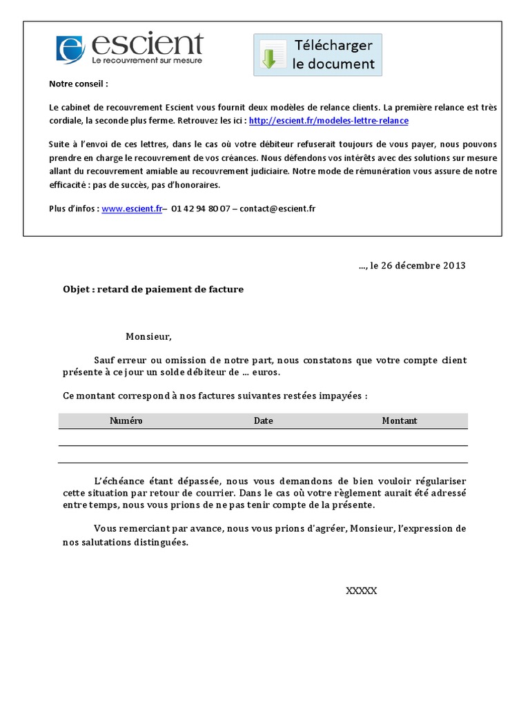 Lettre De Relance Facture Impayee 2eme Relance
