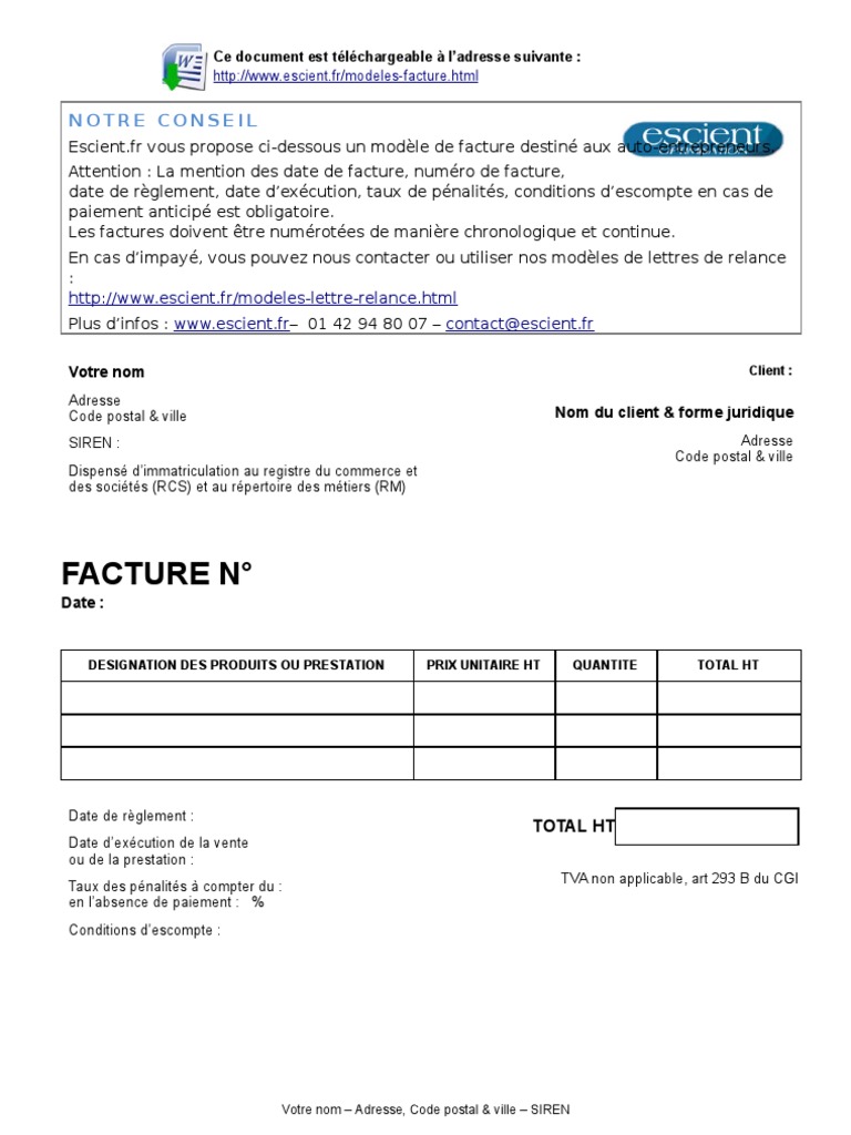 Facture Auto Entrepreneur  Modèle gratuit