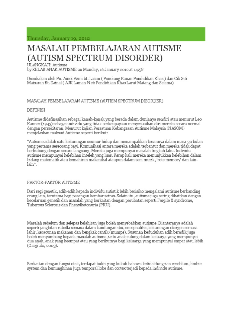 Masalah Pembelajaran Autisme 2 Pdf