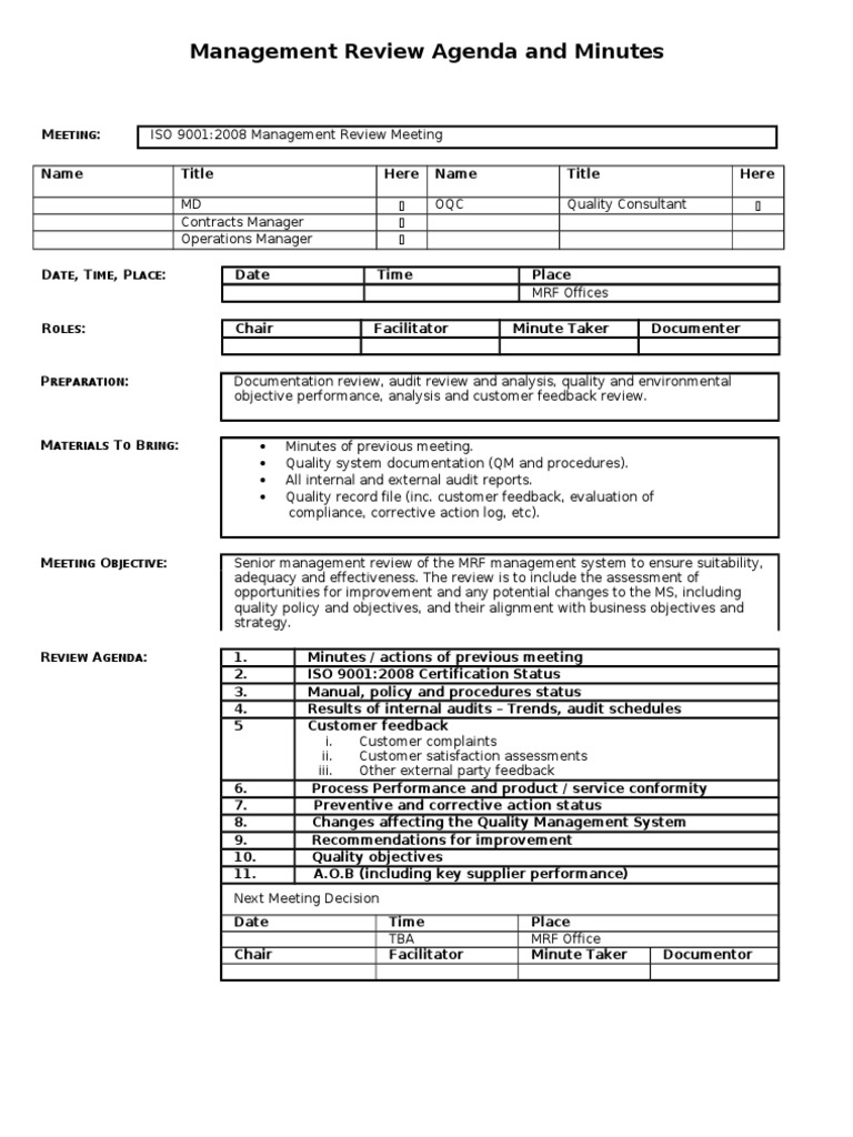 Management Review Agenda and Minutes  Iso 9000  Audit
