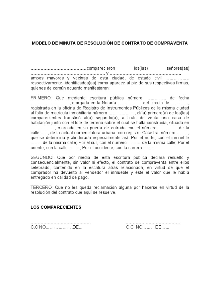 Modelo de Minuta de Resolucion de Contrato de Compraventa