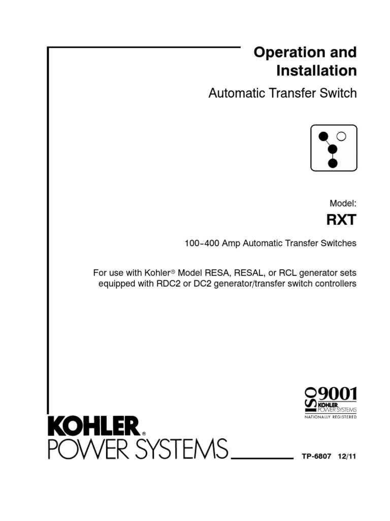Kohler Generator RXT Transfer Switch Operations and Installation Manual