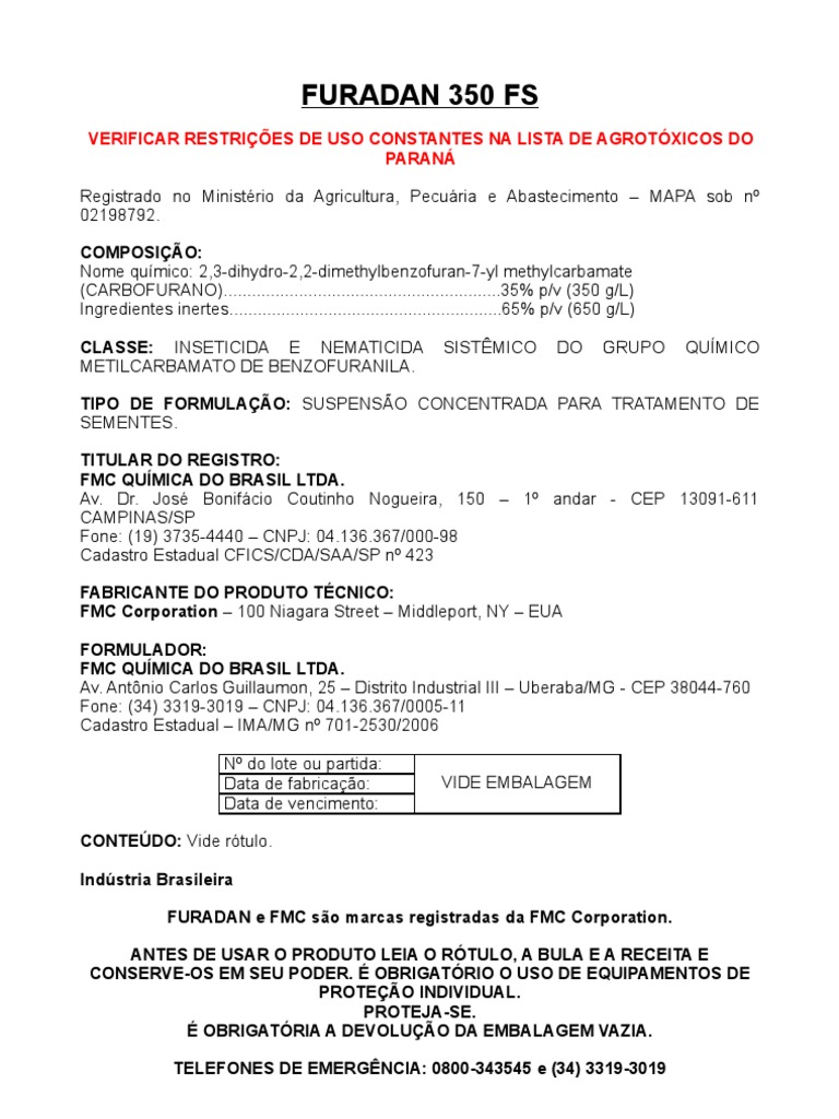Ficha técnica detalhada do inseticida Furadan 350 FS para tratamento de ...