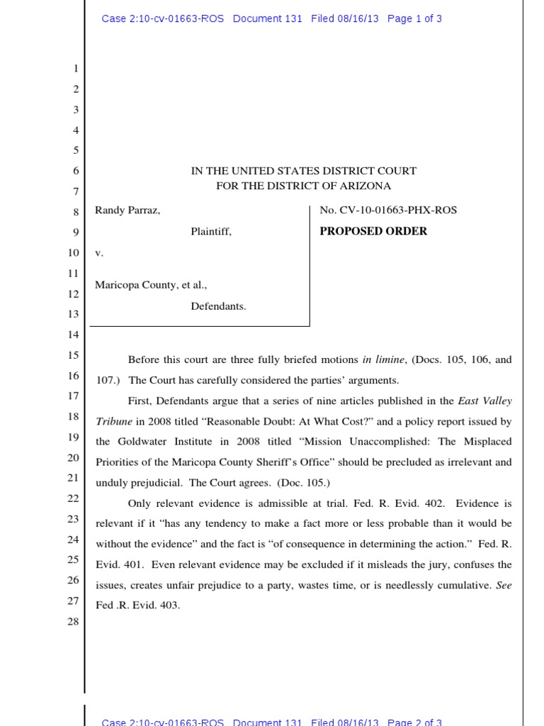 Parraz Order Re Motion in Limine 081613 PDF Prejudice (Legal Term