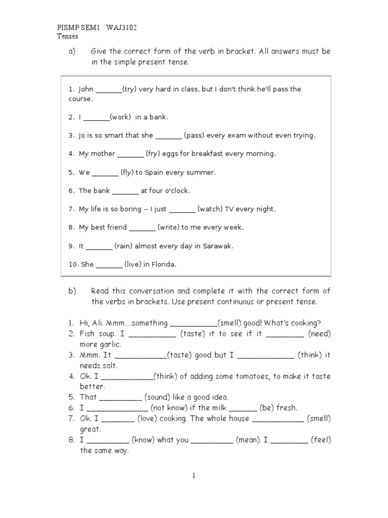 Tenses Exercises Pdf