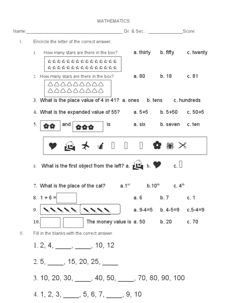 Pre Test Math 2nd Grade One | PDF