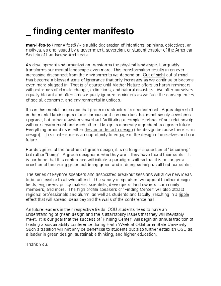 Finding Center Manifesto PDF Sustainable Design Sustainability