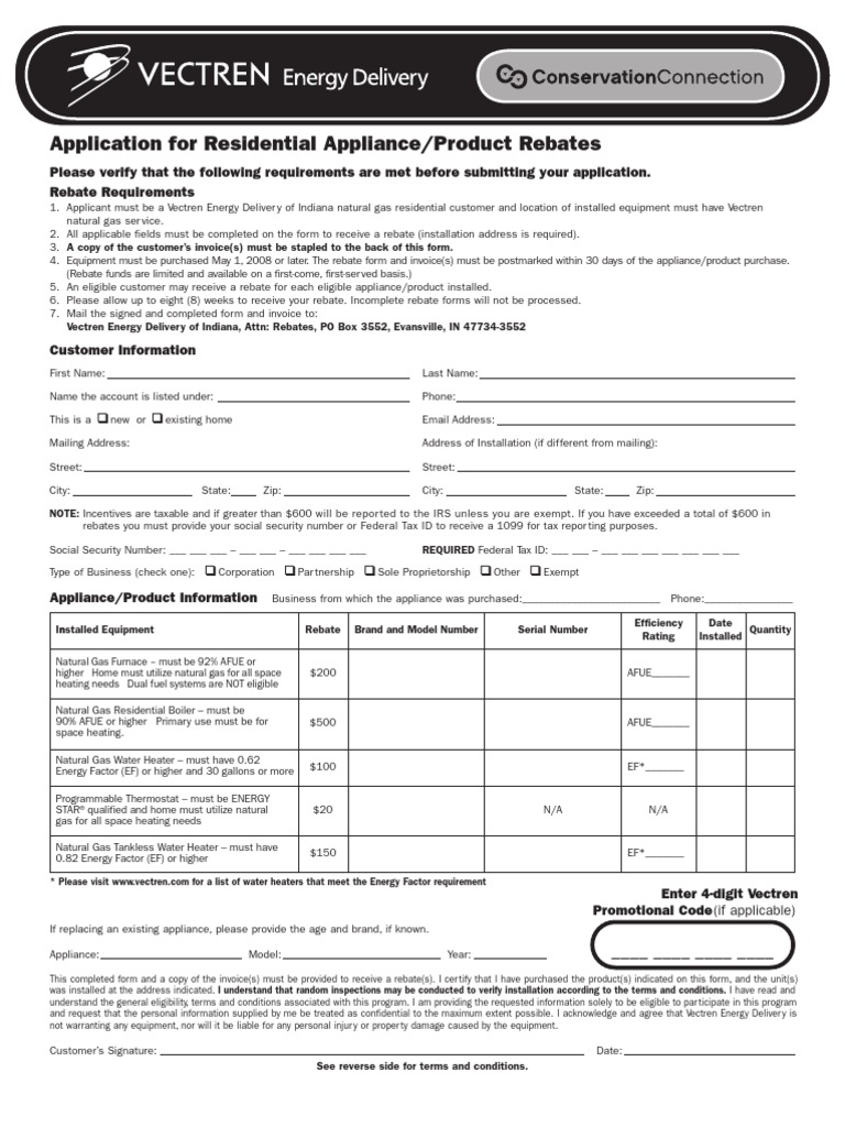 Application For Residential Appliance Product Rebates Furnace Water 