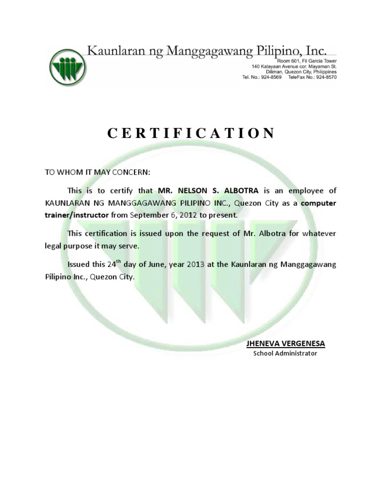 Employment Certificate for Nelson Albotra | PDF