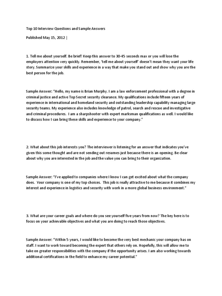 Top 10 Interview Questions And Sample Answers Pdf Employment Job Interview
