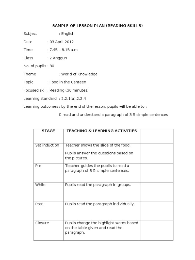 Sample of Lesson Plan (Reading Skills) | PDF | Language Arts ...