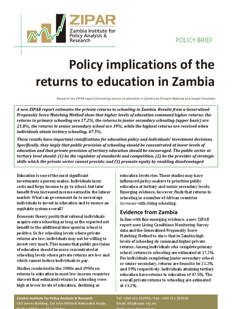 Policy Implications of The Returns To Education in Zambia PDF Zambia