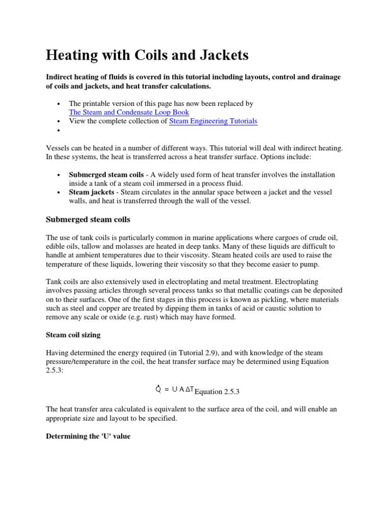 Steam Coils and Jacket Heating Design | PDF | Heat Transfer | Heat ...