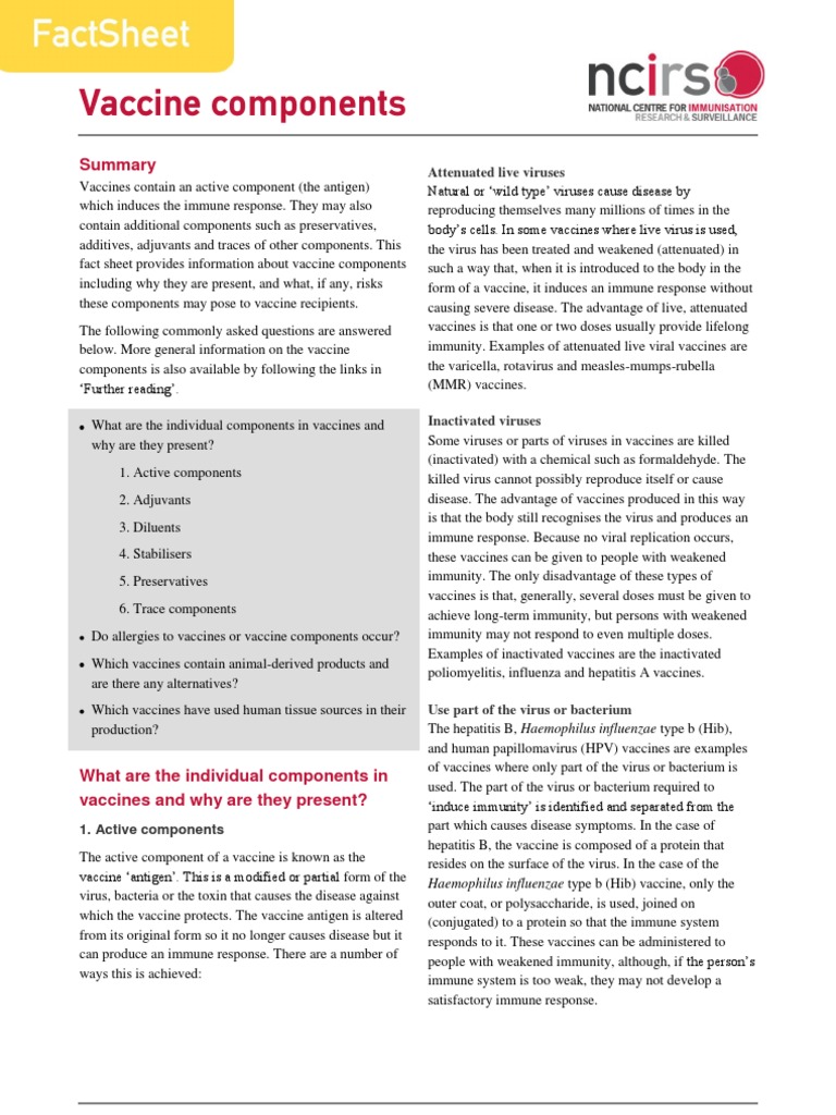 Vaccine Components Fact Sheet | PDF | Adjuvant | Vaccines