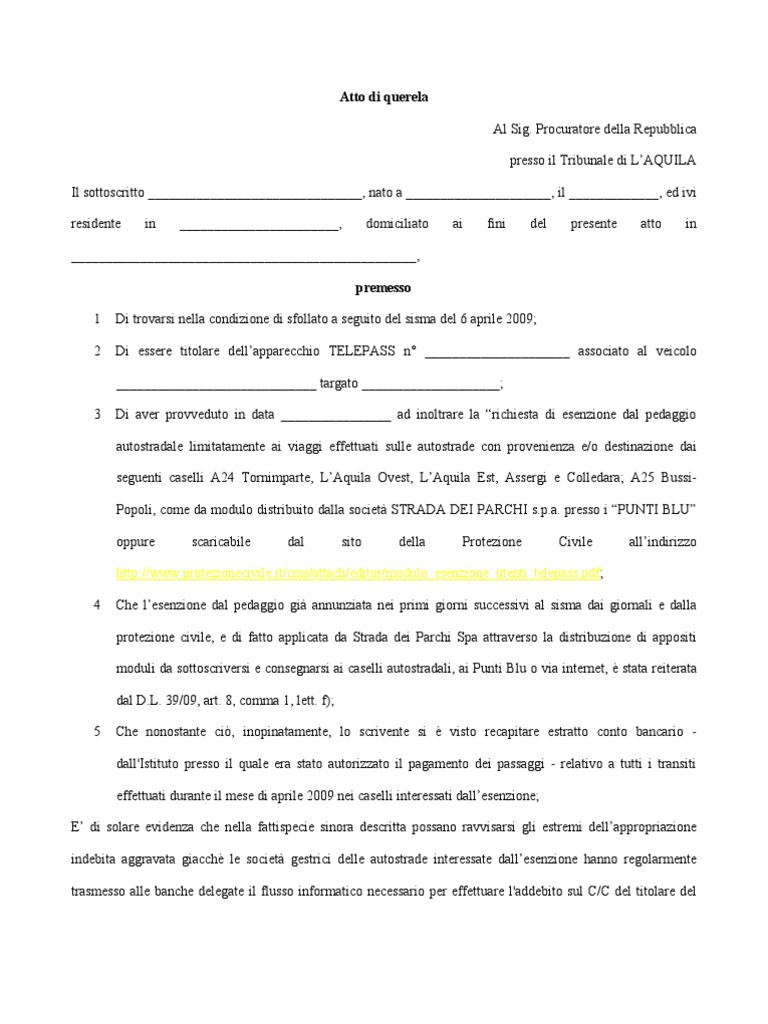 Modello Querela Pagamento Telepass | PDF