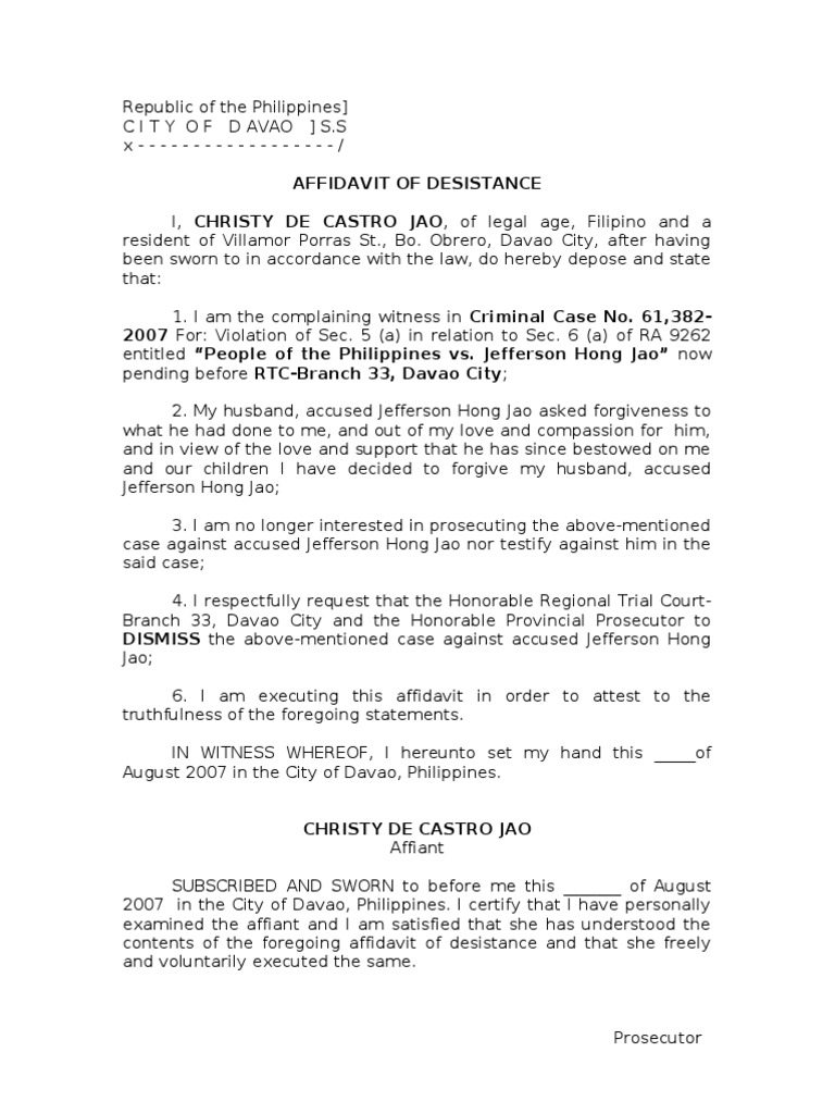 Affidavit Of Desistance Philippine Legal Form Pdf vrogue.co