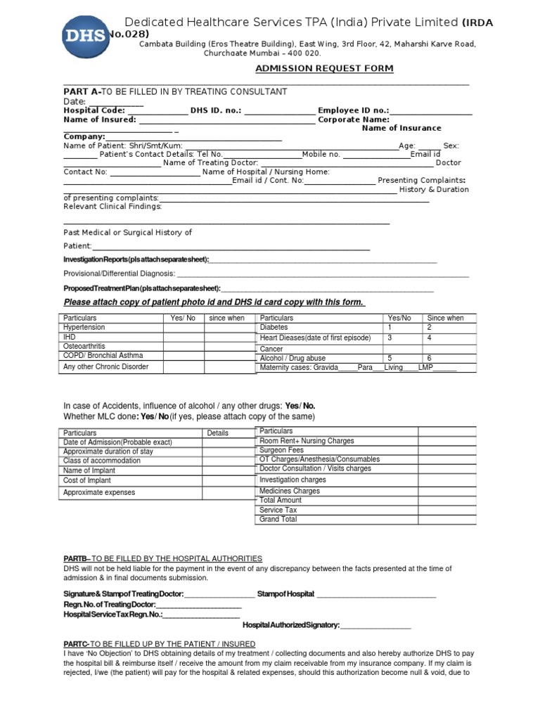 Admission Request Form | PDF | Patient | Hospital